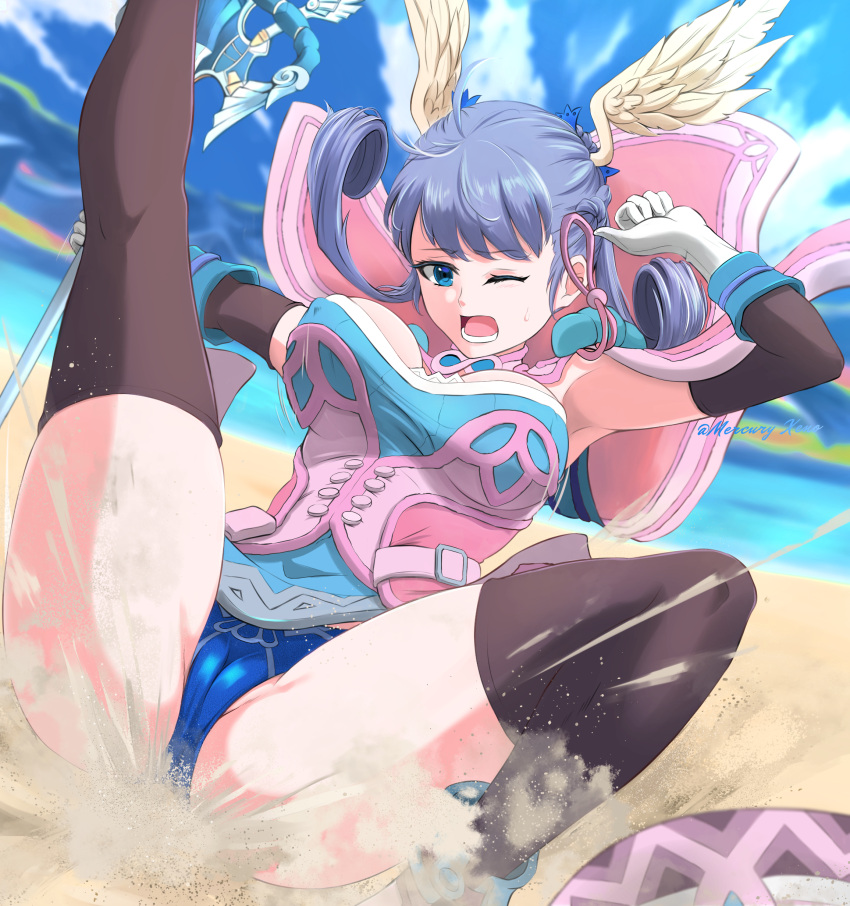 1girl absurdres armpits beach blue_eyes blue_panties breasts cameltoe cape covered_nipples day dress falling head_wings highres medium_breasts melia_antiqua mercury_xeno one_eye_closed open_mouth outdoors panties pantyshot sand short_dress signature silver_hair solo spread_legs staff thighhighs thighs underwear white_wings wings xenoblade_chronicles xenoblade_chronicles_(series)