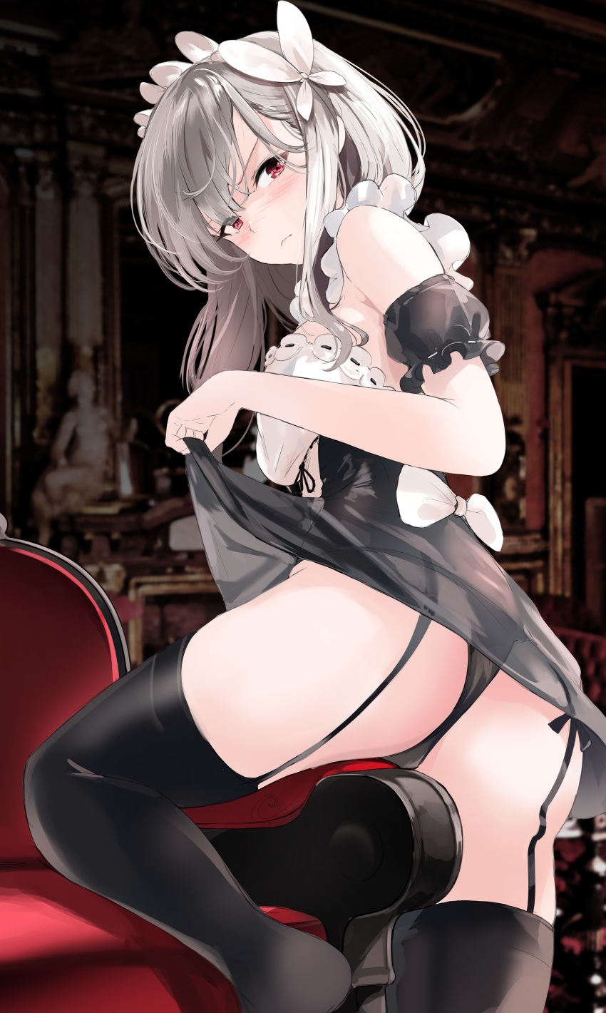 1girl absurdres ass bare_shoulders black_dress black_legwear black_panties breasts chair closed_mouth clothes_lift detached_sleeves dress dress_lift frilled_dress frills frown garter_straps grey_hair highres kooemong lifted_by_self long_hair looking_at_viewer looking_back maid maid_headdress medium_breasts original panties red_eyes see-through shio_(shirone) solo thighhighs underwear v-shaped_eyebrows