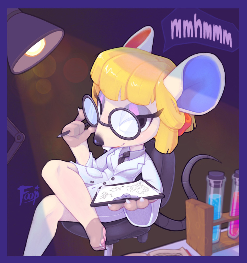 2021 animal_crossing anthro blonde_hair clipboard clothing coat eyewear female foopdraws glasses hair heterochromatic_ears hi_res lab_coat lamp mammal mouse murid murine necktie nintendo petri_(animal_crossing) rodent sitting solo swivel_chair topwear video_games