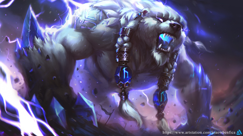 1boy absurdres animal artist_name bear claws earrings electricity fangs glowing glowing_eyes glowing_mouth highres jewelry joaowbenfica league_of_legends long_hair open_mouth sharp_teeth solo teeth volibear web_address white_hair