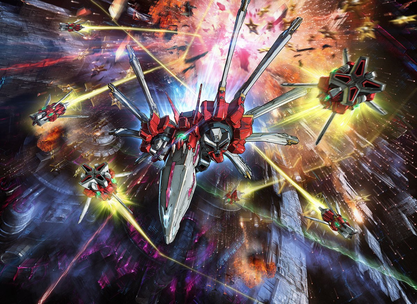 cover crimzon_clover_world_explosion explosion flying funnels game_cover glowing motion_blur official_art science_fiction solo space_craft starfighter tani_(tanidesuyo)