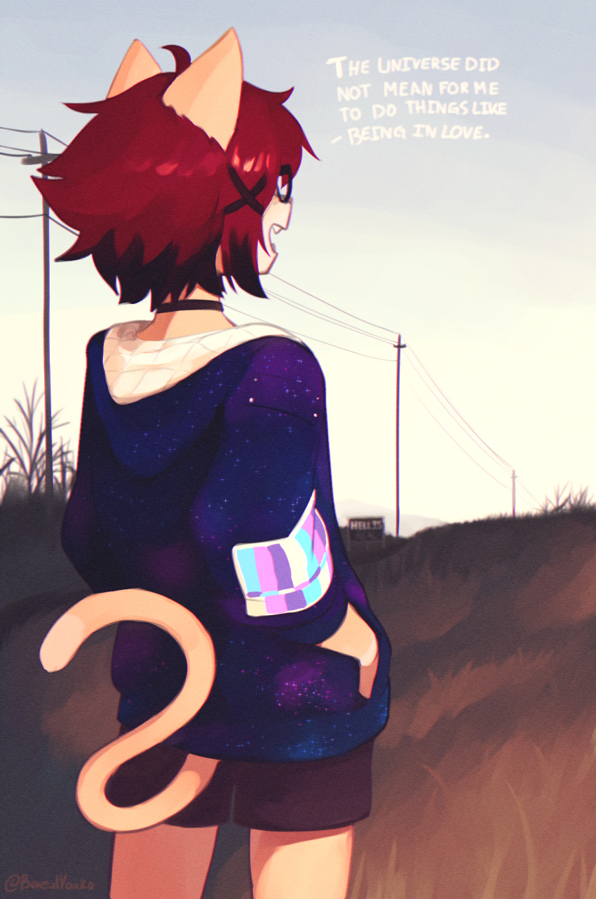 aeiou_(yoako) anthro biped brown_body brown_fur clothed clothing english_text eyewear female fur glasses grass hair hi_res open_mouth outside plant powerlines rear_view red_hair solo text yoako