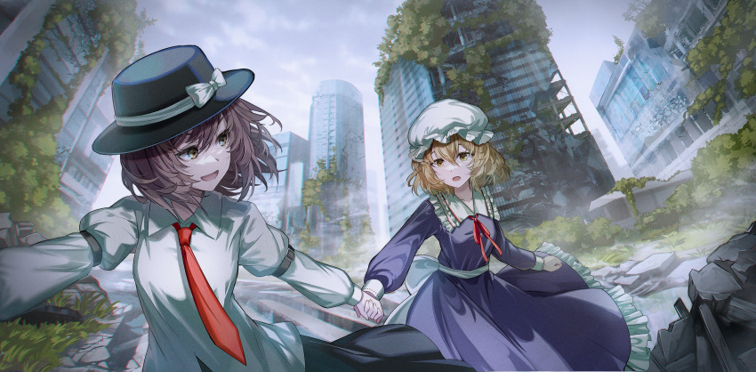 2girls :d :o arm_garter black_headwear black_skirt blonde_hair bow brown_hair building city cityscape cloud cloudy_sky collared_shirt commentary day dress eyebrows_behind_hair fedora frilled_dress frilled_shirt_collar frills grass hair_between_eyes hat hat_bow highres holding_hands ivy juliet_sleeves kyusoukyu leaf long_sleeves looking_at_another maribel_hearn mob_cap multiple_girls neckerchief necktie open_mouth outdoors outstretched_arm overgrown plant post-apocalypse puffy_sleeves purple_dress red_neckerchief red_necktie rubble shirt short_hair skirt sky skyscraper sleeve_cuffs smile touhou usami_renko waist_bow white_bow white_headwear white_shirt window yellow_eyes