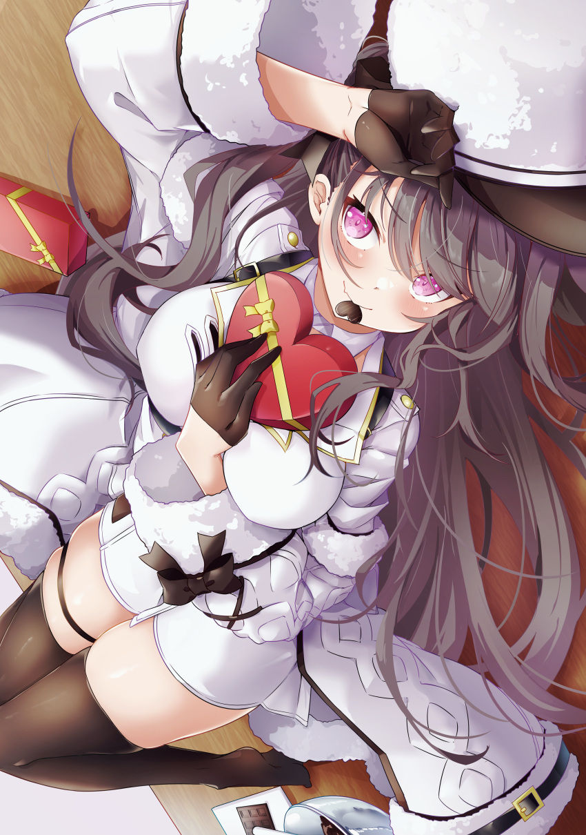 1girl absurdres arm_between_breasts arm_up azur_lane between_breasts black_gloves black_legwear black_ribbon blush box breasts brown_hair candy chocolate coat dress fang food fur-trimmed_coat fur_trim gift gloves hair_ribbon hand_on_forehead hand_up hat heart heart-shaped_box heart-shaped_chocolate highres holding holding_gift knees_together_feet_apart knees_up large_breasts leer.meer long_hair long_sleeves looking_at_viewer lying mouth_hold on_back open_clothes open_coat pamiat_merkuria_(azur_lane) pink_eyes ribbon side_ponytail skindentation smile solo thighhighs thighs valentine very_long_hair white_coat white_dress wide_sleeves