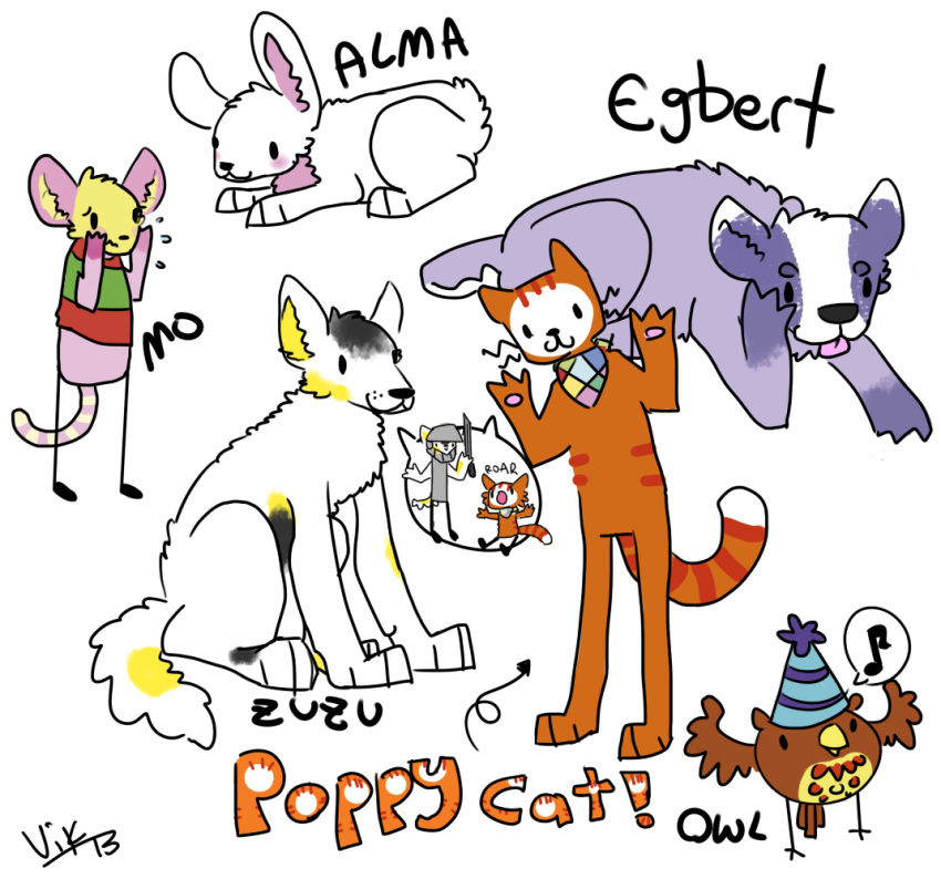 alma_(poppy_cat) armor arrow avian badger bandanna bird brown_body canid canine canis clothing domestic_cat domestic_dog egbert_(poppy_cat) felid feline felis female group hat headgear headwear kerchief lagomorph leporid male mammal melee_weapon mo_(poppy_cat) mouse murid murine mustelid musteline note orange_body owl owl_(poppy_cat) pink_body poppy_cat poppy_cat_(series) puppaws purple_body rabbit rodent round_nose signature speech_bubble sword text tongue tongue_out weapon whiskers white_body zuzu_(poppy_cat)