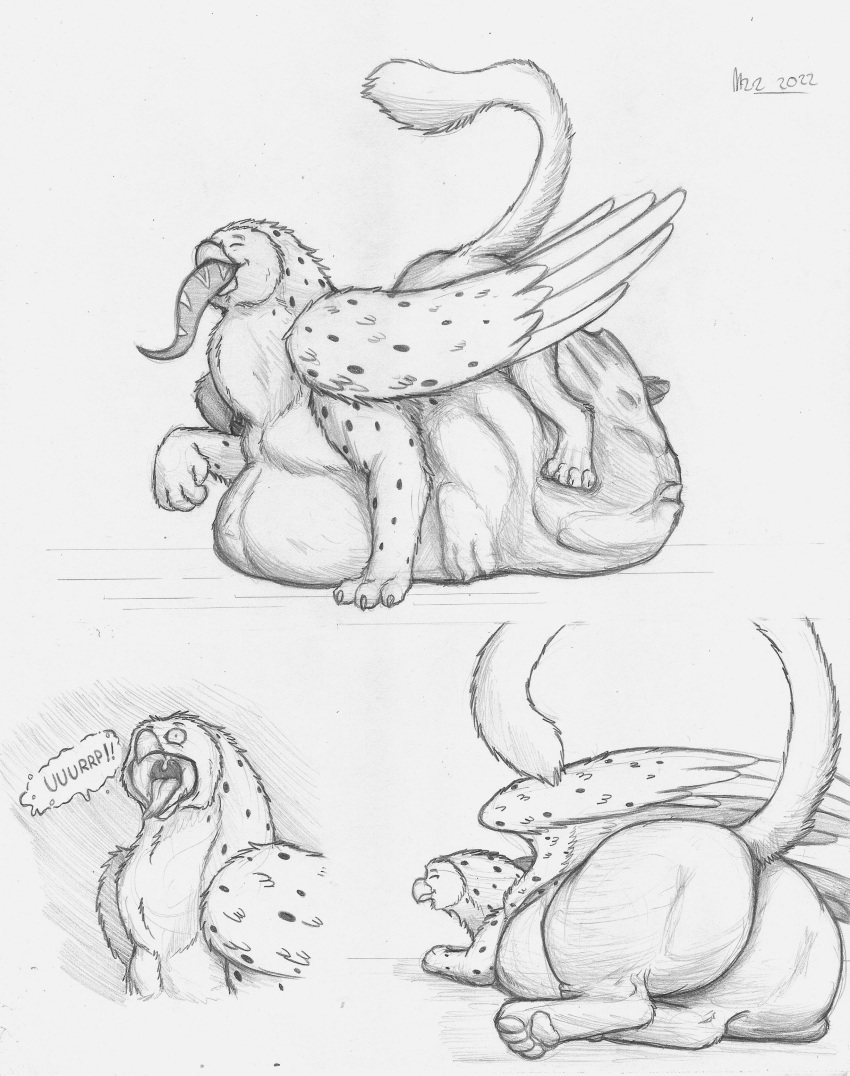 absurd_res ambiguous_gender avian big_butt bulge burping butt comic detailed_bulge digestion dragon_prey duo female female_pred feral feral_pred feral_prey gryphon hi_res hindpaw lying mythological_avian mythology on_front oral_vore paws raised_tail same_size_vore thatgryphonguy traditional_media_(artwork) unwilling_prey vore weight_gain