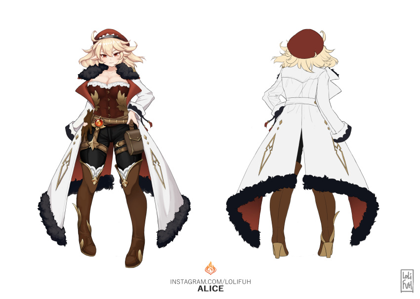 1girl :o absurdres alchemy artist_name bangs black_legwear blonde_hair blurry blush boots breasts coat corset eyebrows_visible_through_hair fur_trim genshin_impact gloves hair_between_eyes hat high_heels highres impact klee_(genshin_impact) leather lolifuh lolitaguibert long_hair mature_female open_mouth original pointy_ears red_eyes seductive_smile short_hair smile solo strapless witch