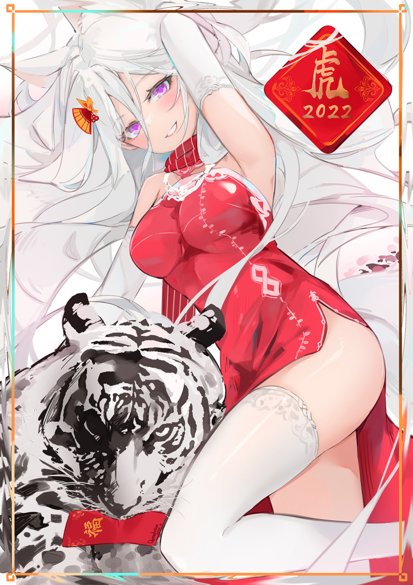 1girl 2022 animal_ears arm_behind_head arm_up armpits ass bangs bare_shoulders blush breasts china_dress chinese_clothes chinese_zodiac commentary dema_hmw dress elbow_gloves foot_out_of_frame gloves grin hair_between_eyes hair_ornament happy_new_year highres jewelry large_breasts lipstick long_hair looking_at_viewer makeup necklace original pelvic_curtain purple_eyes red_dress red_scarf scarf side_slit smile solo striped striped_scarf thighhighs thighs tiger very_long_hair white_gloves white_hair white_legwear year_of_the_tiger