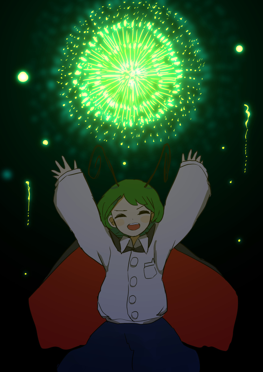 1girl ^_^ absurdres androgynous antennae arms_up bangs black_background black_cape blue_shorts bug cape closed_eyes collared_shirt cowboy_shot firefly fireworks flat_chest genki_dama gradient gradient_background green_background green_hair happy highres neruzou night night_sky open_mouth outdoors outstretched_arms red_cape shirt short_hair shorts simple_background sky teeth tomboy touhou two-sided_cape two-sided_fabric upper_teeth white_shirt wriggle_nightbug