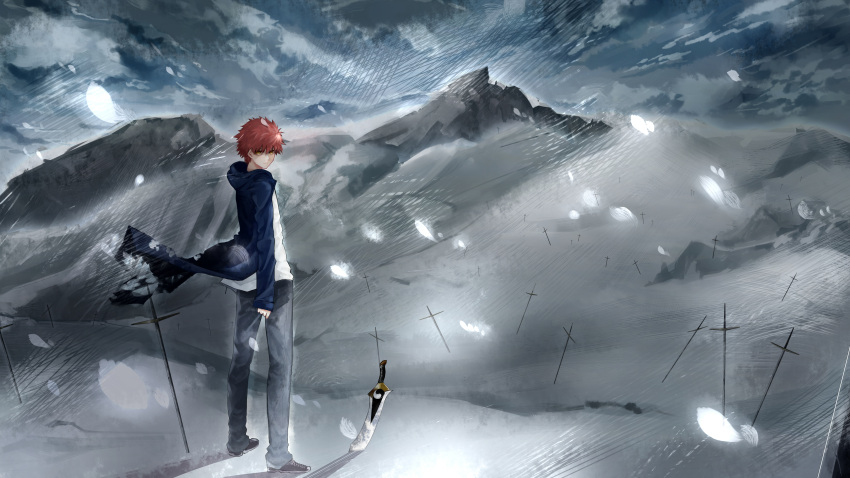 1boy absurdres coat denim emiya_shirou emiya_shirou_(prisma_illya) fate/kaleid_liner_prisma_illya fate_(series) highres jeans kanshou_&amp;_bakuya_(fate) mono_kuro_(sblack0013) multicolored_hair pants red_hair sky snow sword unlimited_blade_works_(fate) weapon white_hair yellow_eyes