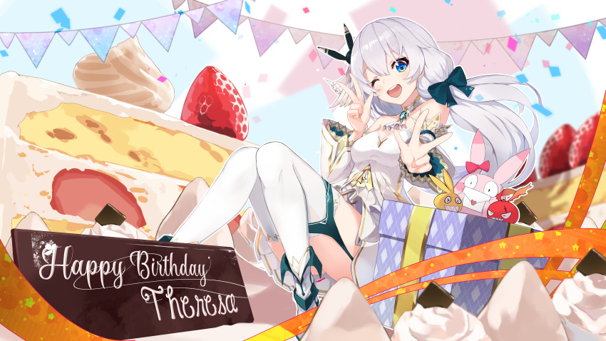 1girl :d absurdres bangs blue_eyes bow cake cake_slice confetti doll double_v dress food fruit gift hair_between_eyes hair_bow happy_birthday headband highres homei_(honkai_impact) homu_(honkai_impact) honkai_(series) honkai_impact_3rd kooemong long_hair looking_at_viewer one_eye_closed open_mouth sleeveless sleeveless_dress smile solo strawberry teeth theresa_apocalypse thighhighs twintails v white_dress white_hair white_legwear white_sleeves