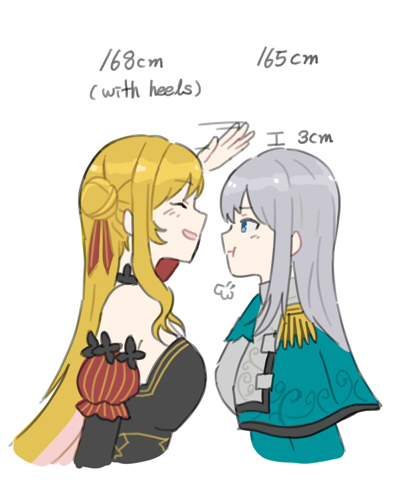 2girls ^_^ ascot ban_hada black_dress blonde_hair blue_ascot blue_eyes blue_jacket blush breasts closed_eyes colored_inner_hair dress elbow_gloves from_side gloves grey_hair hair_behind_ear hair_bun height_difference highres jacket korean_commentary medium_breasts multicolored_hair multiple_girls nijisanji nijisanji_kr pink_hair pout rockoon seffyna smile upper_body virtual_youtuber