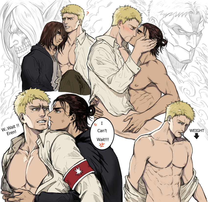 2boys ? abs absurdres armband armored_titan ass bara bare_pectorals blush bottomless brown_hair collage cropped_torso dark-skinned_male dark_skin ekit70 english_text facial_hair frown goatee groin highres interracial kiss long_hair male_focus marley_military_uniform multiple_boys muscular muscular_male naked_shirt nipples open_clothes open_shirt pectorals reiner_braun shingeki_no_kyojin shirt short_hair sideburns spoilers stomach titan_(shingeki_no_kyojin) yaoi