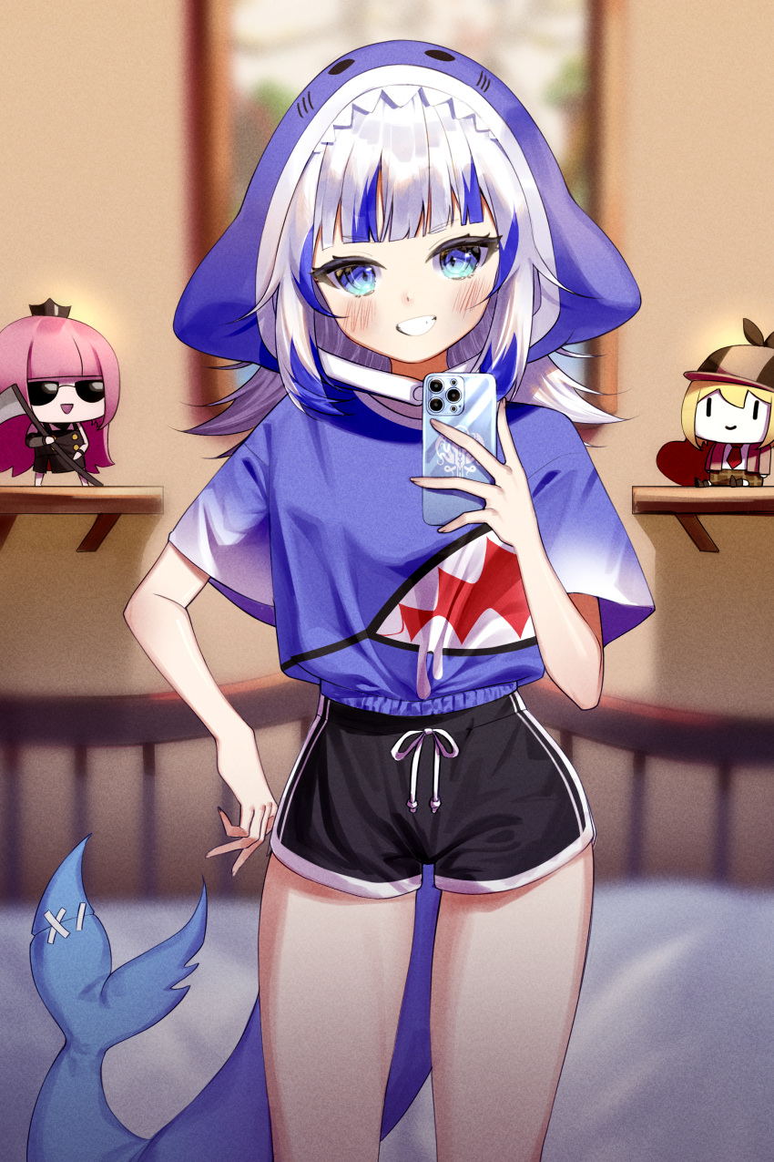 1girl absurdres animal_hood bangs bare_legs black_shorts blue_eyes blue_hair blue_hoodie blunt_bangs blush cellphone contrapposto cowboy_shot dolphin_shorts eyebrows_visible_through_hair fish_tail gawr_gura grin head_tilt highres hololive hololive_english hood hoodie indoors looking_at_viewer mori_calliope multicolored_hair narrow_waist phone sbgu selfie shark_girl shark_hood shark_print shark_tail short_shorts shorts silver_hair smartphone smile streaked_hair tail virtual_youtuber walfie_(style) watson_amelia