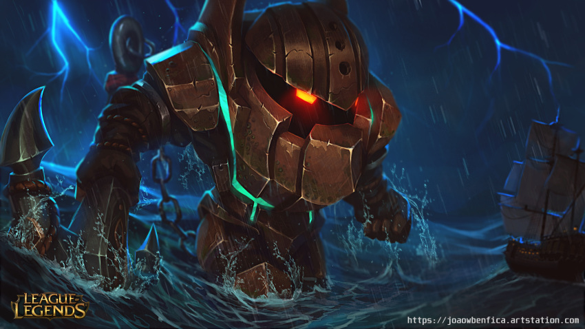 1boy absurdres anchor armor armored_boots black_gloves boots clenched_hand copyright_name cowboy_shot full_armor giant gloves helmet highres holding joaowbenfica league_of_legends lightning nautilus_(league_of_legends) rain red_eyes ship shoulder_armor solo standing storm water watercraft web_address