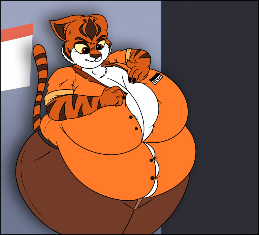 2021 anthro belly big_belly big_breasts bottomwear breasts chest_tuft cleavage clothed clothing dreamworks dress_shirt felid female ill_fitting_clothing kung_fu_panda mammal master_tigress name_tag obese obese_anthro obese_female orange_clothing overweight overweight_anthro overweight_female pantherine pants prison_uniform raised_tail shirt solo struggling swsu-master tiger topwear tuft