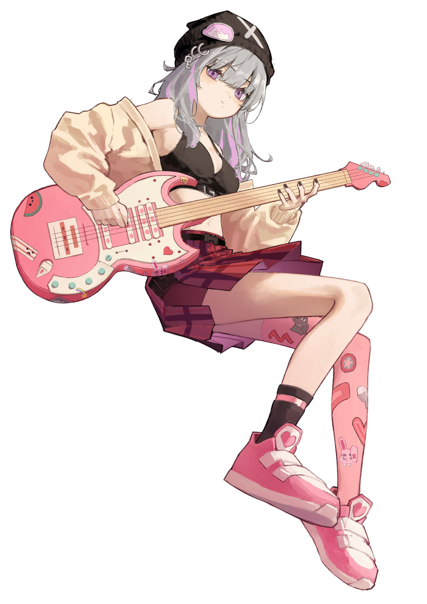 1girl :&lt; absurdres bare_shoulders beanie black_bra black_headwear black_legwear black_nails bra breasts brown_jacket closed_mouth electric_guitar grey_hair guitar hat highres holding holding_instrument instrument invisible_chair jacket key_hair_ornament large_breasts looking_at_viewer midriff multicolored_hair off_shoulder original pink_footwear pink_hair pink_legwear plaid plaid_skirt pleated_skirt purple_eyes red_skirt shoes single_sock single_thighhigh sitting skirt sneakers socks solo sticker thighhighs two-tone_hair underwear white_background yoon_cook