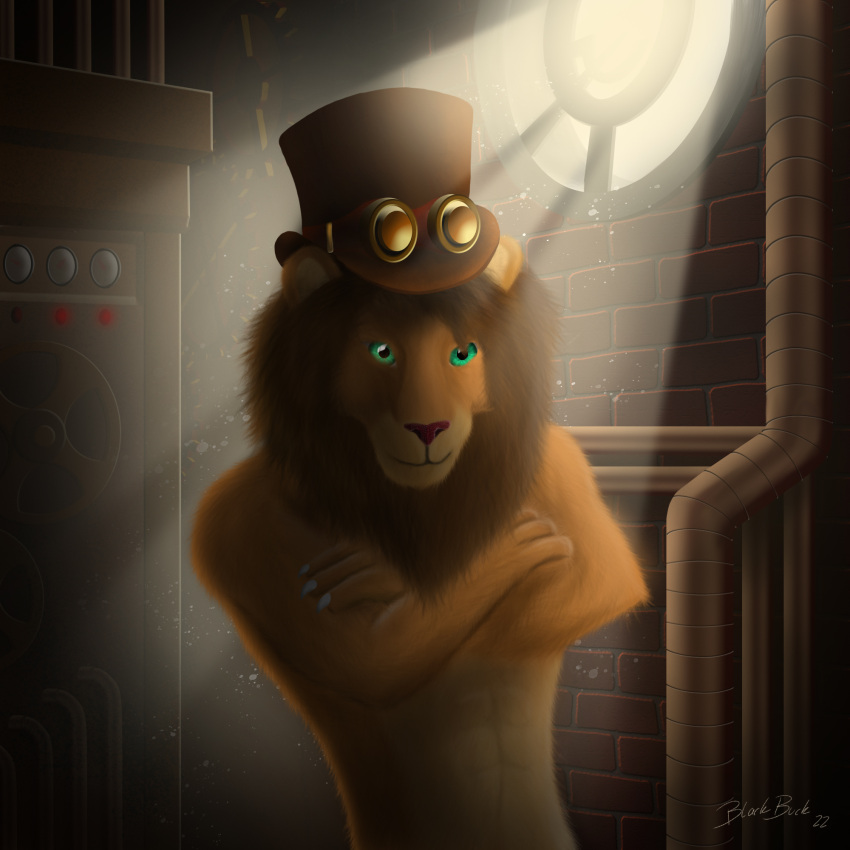 1:1 ambient anthro black-buck_(artist) clothing eyewear felid fluffy glasses hat headgear headwear hi_res lab_(disambiguation) laboratory light lighting lion male mammal pantherine realistic solo steampunk