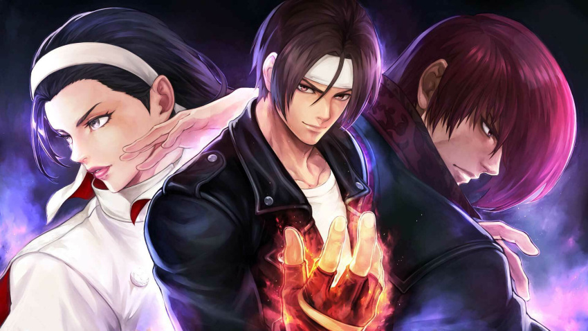 1girl 2boys black_hair brown_hair fire headband highres jacket kagura_chizuru kusanagi_kyou long_hair multiple_boys official_art pyrokinesis red_hair s.n.x the_king_of_fighters the_king_of_fighters_xv upper_body yagami_iori