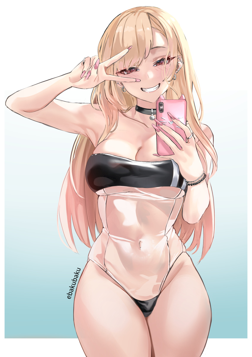 1girl absurdres arm_up artist_name bangs black_choker blonde_hair breasts casual_one-piece_swimsuit cellphone choker cleavage covered_navel cowboy_shot ebakubaku fingernails gradient gradient_background grin gris_swimsuit groin hand_up highres holding holding_phone jewelry kitagawa_marin large_breasts long_fingernails long_hair meme_attire navel one-piece_swimsuit outside_border parted_bangs phone pink_nails ring see-through_swimsuit smartphone smile solo sono_bisque_doll_wa_koi_wo_suru standing strapless strapless_swimsuit swimsuit underboob v v_over_eye wristband