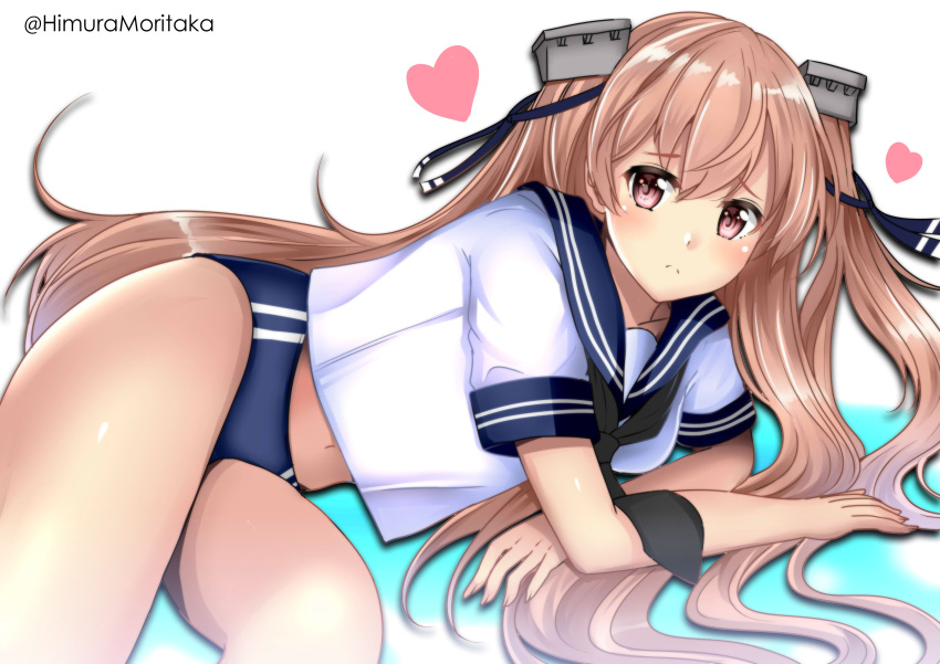 1girl absurdres blue_buruma brown_eyes buruma eyebrows_visible_through_hair hair_ornament heart highres himura_moritaka johnston_(kancolle) kantai_collection light_brown_hair long_hair lying on_side ribbon sailor_collar sailor_shirt shirt simple_background solo thighs twintails