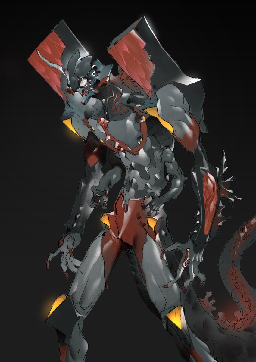 creator_connection eva_01 extra_arms fusion godzilla godzilla_(series) godzilla_(shin) highres horns kaijuu kamen_rider kamen_rider_1 kamen_rider_1_(shin) mecha neon_genesis_evangelion nicholas_f open_hands pink_eyes rebuild_of_evangelion science_fiction shin_godzilla shin_kamen_rider shin_ultraman single_horn solo tail ultra_series ultraman ultraman_(shin)