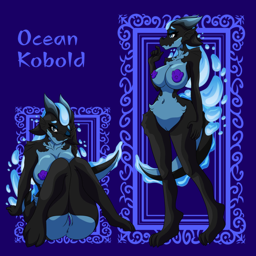 adkindragon anthro blue_body breasts claws dragon electric fangs female female/female fire hi_res horn humanoid jaw kobold lizard open_mouth reptile scalie scals sea solo thunder volcano water
