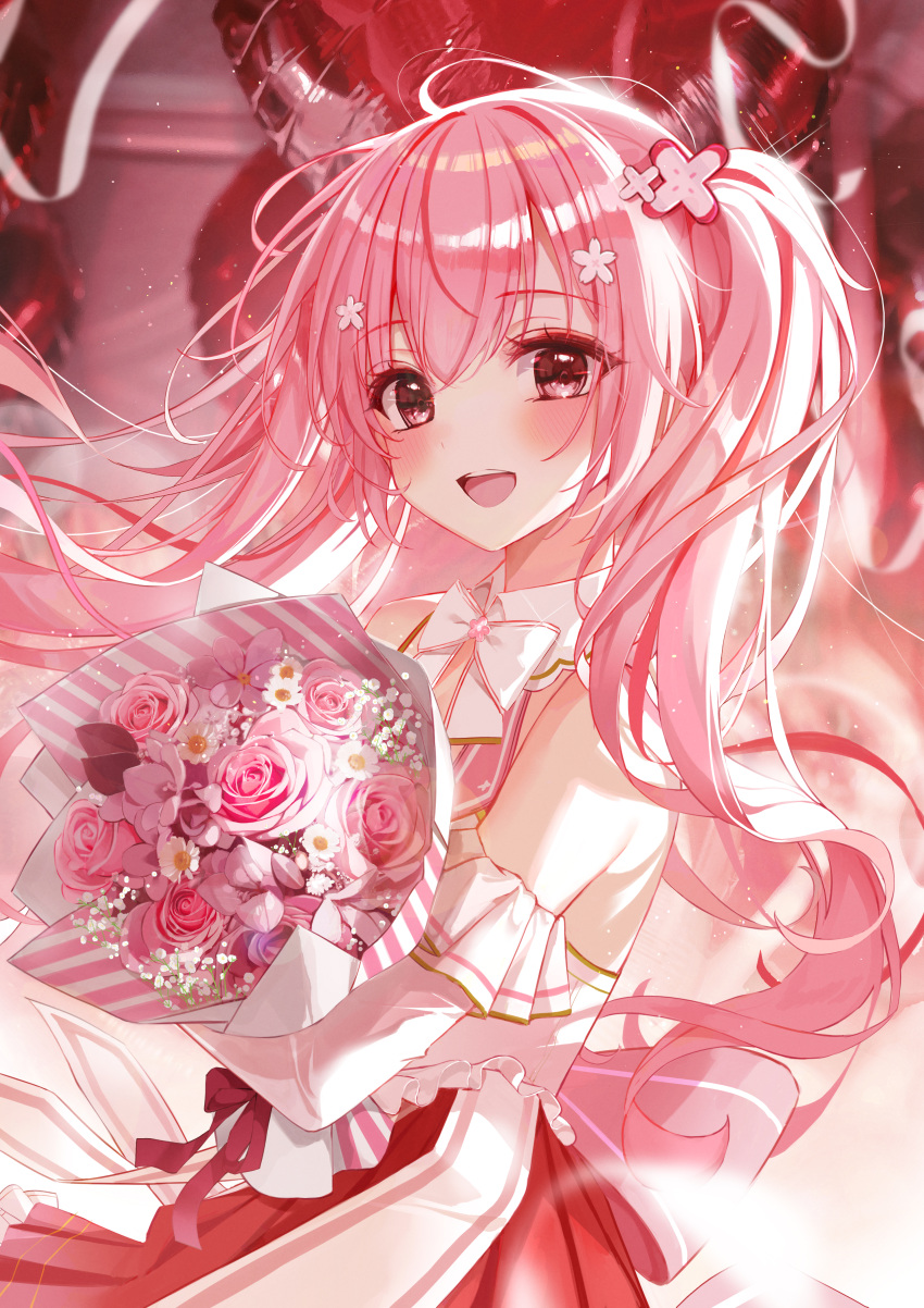 1girl absurdres balloon bangs bare_shoulders blush bouquet commentary detached_sleeves eumi_114 flower hair_flower hair_ornament heart_balloon highres holding holding_bouquet indie_virtual_youtuber indoors looking_at_viewer nagomi_sakura open_mouth pink_eyes pink_flower pink_hair pink_rose pink_theme red_skirt rose sidelocks skirt smile solo symbol-only_commentary twintails upper_body virtual_youtuber wall white_sleeves
