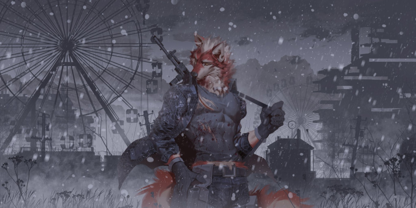 2022 2:1 amusement_ride anthro athletic athletic_male blood bodily_fluids canid canine canis city clothed clothing ferris_wheel flower fully_clothed fur gun hi_res male mammal multicolored_body outside plant ranged_weapon red_body red_fur snow snowing solo torn_clothing two_tone_body weapon white_body white_fur wolf yellow_eyes yi_feng
