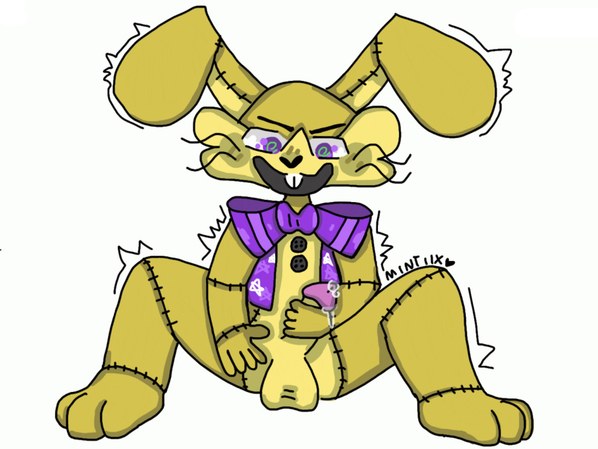 anthro balls bow_tie clothing five_nights_at_freddy's five_nights_at_freddy's_vr:help_wanted fur genitals glitchtrap hi_res lagomorph leporid male mammal masturbation mintiix penis purple_clothing purple_eyes rabbit scottgames shaking sitting solo topwear vest video_games whiskers yellow_body yellow_fur