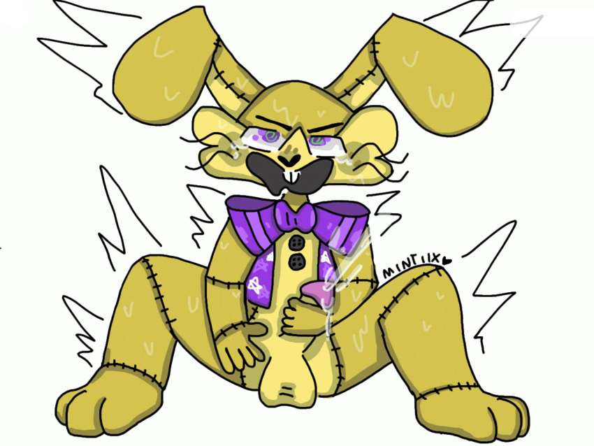 anthro balls bodily_fluids bow_tie clothing cum ejaculation five_nights_at_freddy's five_nights_at_freddy's_vr:help_wanted fur genital_fluids genitals glitchtrap hi_res lagomorph leporid male mammal masturbation mintiix penis purple_clothing purple_eyes rabbit scottgames shaking solo sweat topwear vest video_games yellow_body yellow_fur