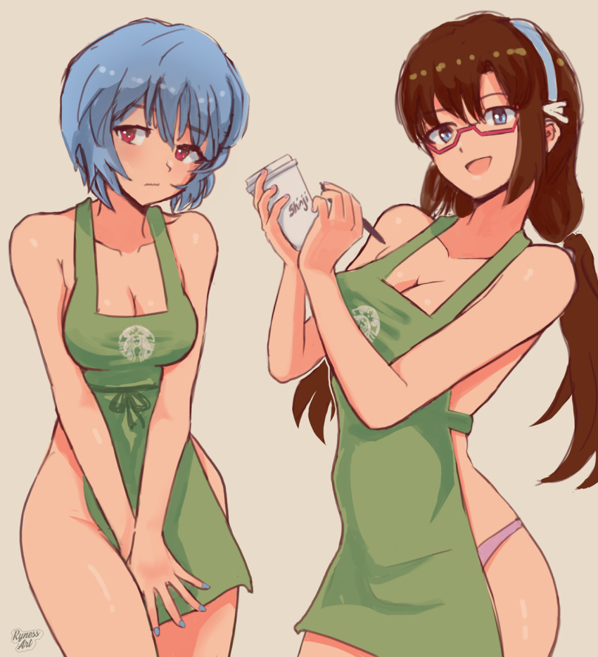 2girls apron ayanami_rei bangs barista blue_hair blue_nails blush breasts brown_hair cleft_of_venus coffee coffee_cup covering covering_crotch cup disposable_cup embarrassed evangelion:_2.0_you_can_(not)_advance evangelion:_3.0+1.0_thrice_upon_a_time glasses highres iced_latte_with_breast_milk_(meme) large_breasts makinami_mari_illustrious medium_breasts meme multiple_girls nail_polish naked_apron neon_genesis_evangelion no_panties nude panties panty_peek rebuild_of_evangelion red_eyes ryness smile starbucks underwear