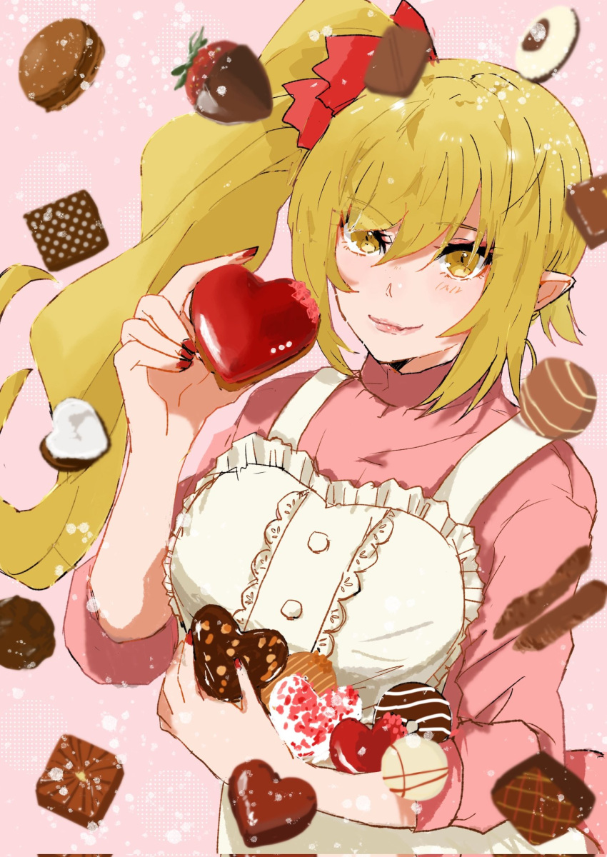 1girl apron bakemonogatari blonde_hair bow breasts candy chocolate cookie doughnut dress food hair_bow heart heart-shaped_chocolate heart_apron highres kiss-shot_acerola-orion_heart-under-blade kizumonogatari large_breasts long_hair looking_at_viewer monogatari_(series) nail_polish oshino_shinobu pointy_ears side_ponytail valentine valhalla0707 vampire