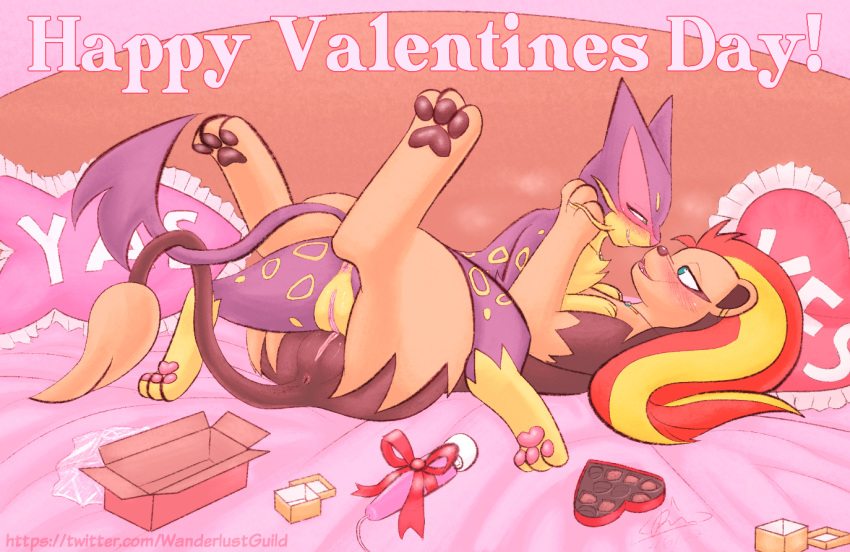 anthro bed blush box_of_chocolates candy chocolate dessert duo felid feline female female/female food fur furniture genitals gift gift_box happy happy_sex holidays liepard liliana_(wanderlust) mammal meme natalia_(wanderlust) nintendo nude on_bed open_mouth pawpads paws pillow pok&eacute;mon pok&eacute;mon_(species) pok&eacute;mon_mystery_dungeon pussy pyroar rymherdier sex sex_toy smile spread_legs spreading tribadism vaginal valentine's_day vibrator video_games wanderlust yes_pillow