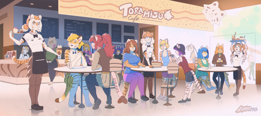 absurd_res anthro beverage bow_tie chair clothed clothing felid female fish food footwear furniture hair hi_res long_tails luxarman male mammal marine multicolored_hair pancake_(character) pantherine ponytail shark shoes sitting standing stripes tiger two_tone_hair uniform