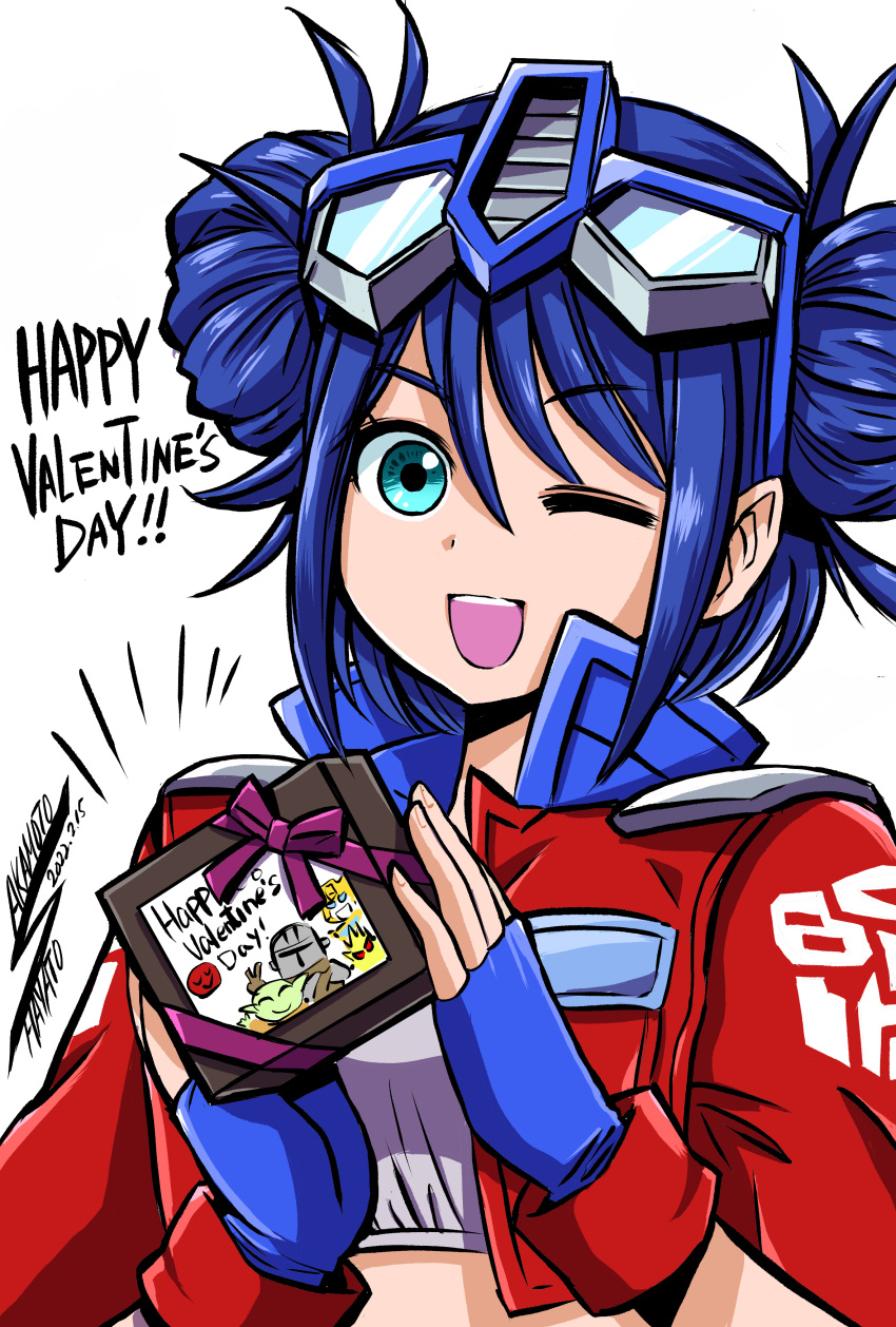 1girl absurdres artist_name autobot blue_eyes blue_gloves box bumblebee dated din_djarin double_bun eyewear_on_head fingerless_gloves genderswap genderswap_(mtf) gloves grogu happy_valentine highres holding holding_box kotobukiya_bishoujo logo one_eye_closed optimus_prime optimus_prime_(kotobukiya_bishoujo) personification portrait sakamoto_hayato smile solo star_wars strapless the_mandalorian transformers tube_top valentine white_background white_tube_top