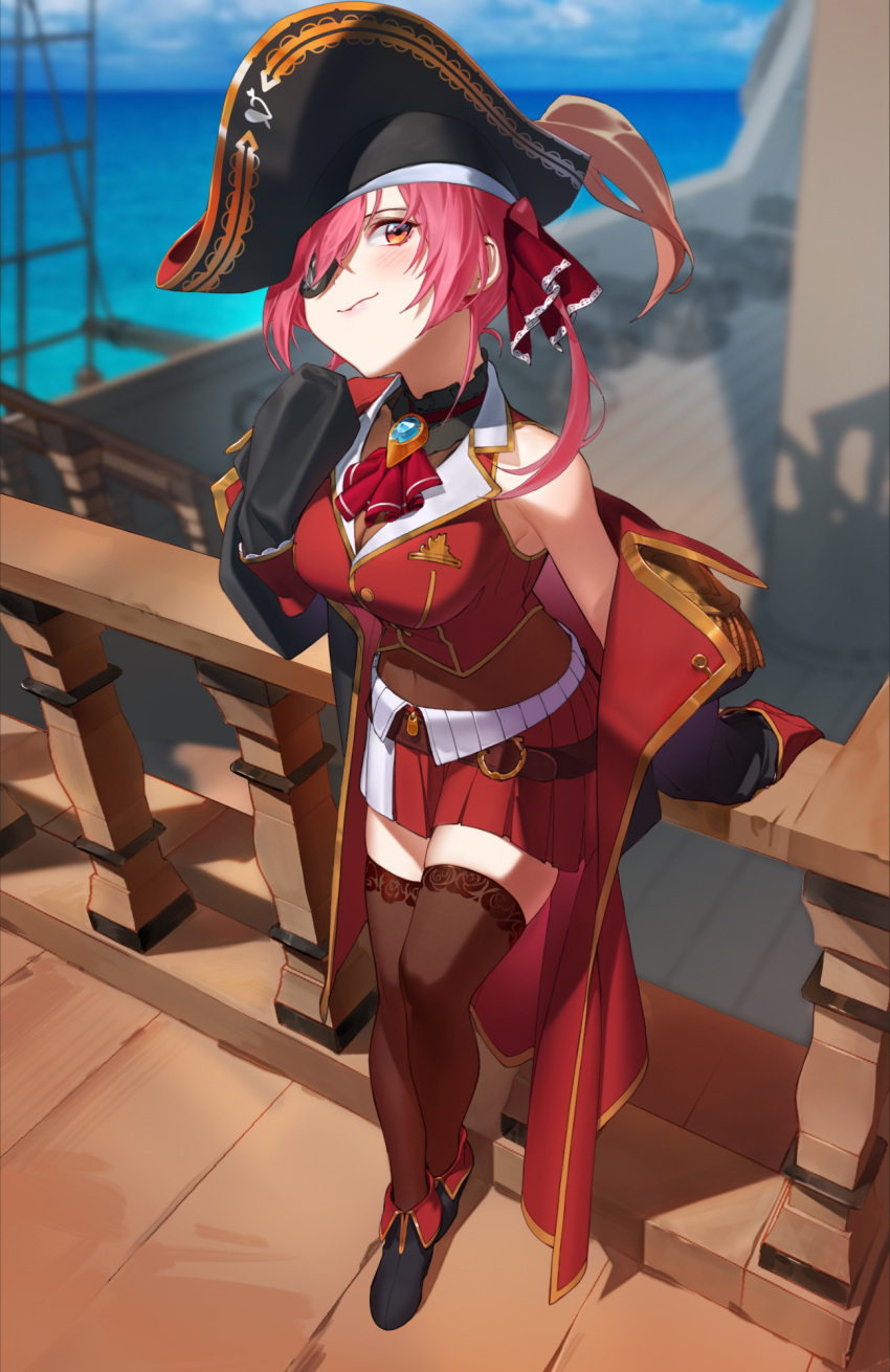 1girl arm_support arrow_through_heart ascot bad_kim bangs bare_shoulders belt bicorne black_eyepatch black_headwear blurry blurry_background blush breast_pocket breasts brooch coat day eyepatch hair_over_one_eye hand_up hat head_tilt highres hololive houshou_marine impossible_clothes impossible_vest jewelry leaning_forward leotard leotard_under_clothes long_sleeves looking_at_viewer medium_breasts medium_hair microskirt midriff navel ocean off_shoulder on_railing one_eye_covered open_clothes open_coat outdoors pink_hair pirate pirate_hat pocket railing red_ascot red_eyes sailing_ship see-through see-through_leotard ship shoes sitting sitting_on_railing skirt sleeves_past_fingers sleeves_past_wrists smile solo standing standing_on_one_leg stomach thighhighs vest virtual_youtuber water watercraft zettai_ryouiki zipper_pull_tab