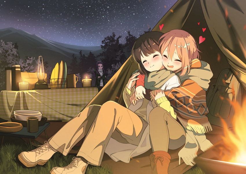 3girls alternate_hair_length alternate_hairstyle arms_around_neck backpack bag bangs blue_hair boots brazier camping candle cheek-to-cheek closed_eyes coat commentary cross-laced_footwear crossed_arms cup dishes fire glasses grass happy heads_together highres hotaru_iori hug hug_from_behind ichimi_renge jacket kagamihara_nadeshiko kagamihara_sakura lace-up_boots lamp light_blush medium_hair mountainous_horizon mug multiple_girls night night_sky open_mouth outdoors pants pink_hair plate poncho purple_eyes purple_hair shima_rin siblings sisters sitting sky smile star_(sky) starry_sky sweater table tablecloth tent thermos tree winter_clothes yuri yurucamp