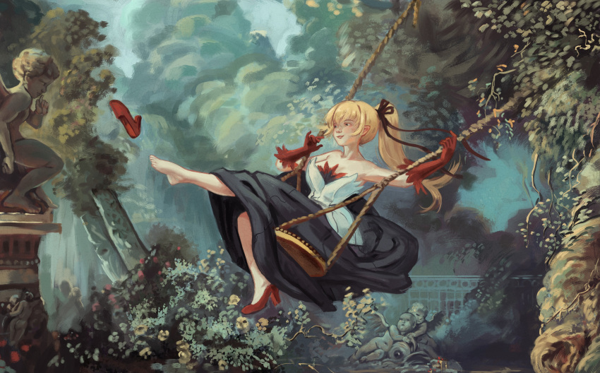 1girl absurdres barefoot blonde_hair bush dress flower hair_ribbon high_heels highres kiss-shot_acerola-orion_heart-under-blade kizumonogatari long_hair monogatari_(series) oshino_shinobu pointy_ears ponytail ribbon ricman_rt smile statue strapless strapless_dress swing swinging teenage tree vampire yellow_eyes