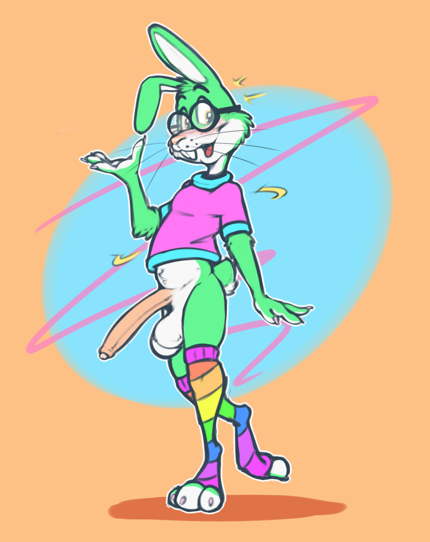 2022 anthro balls blush buckteeth clothing emenius eyewear footwear fur genitals glasses green_body green_fur hi_res lagomorph leporid male mammal multicolored_clothing multicolored_footwear multicolored_socks penis rabbit rainbow_clothing rainbow_footwear rainbow_socks shirt socks solo teeth topwear