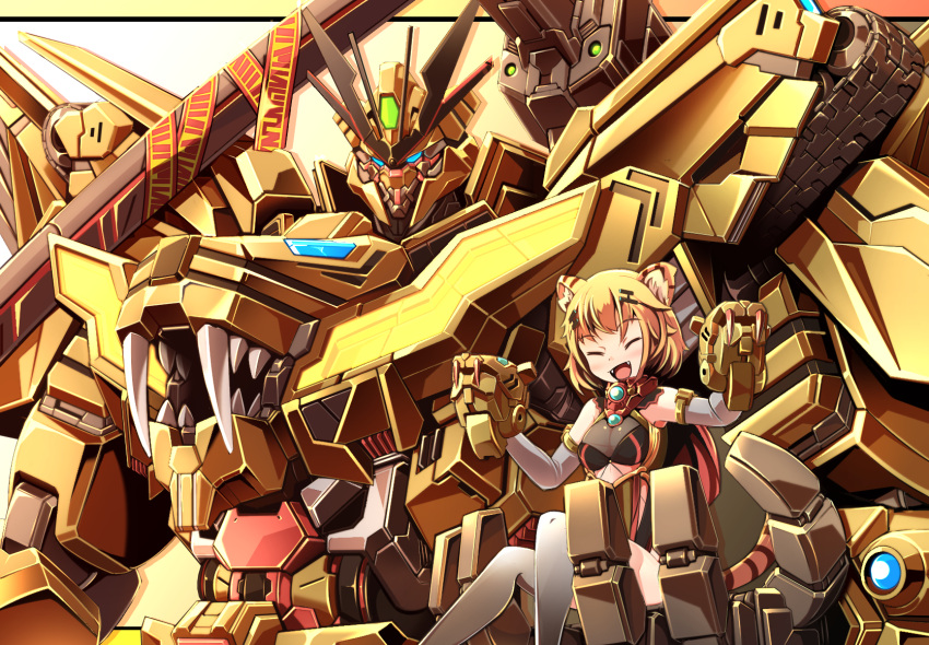 1girl ^_^ animal_ear_fluff animal_ears blonde_hair blue_eyes blush breasts chinese_zodiac closed_eyes elbow_gloves eyebrows_visible_through_hair fangs gloves grey_gloves grey_legwear highres in_palm mecha on_mecha original short_hair shoulder_cannon sibelurabbi sitting small_breasts smile super_robot thighhighs tiger_ears tiger_girl v-fin year_of_the_tiger