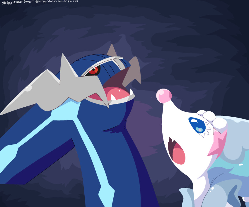 2021 ambiguous_gender blue_body blue_hair dialga digital_drawing_(artwork) digital_media_(artwork) duo feral hair hi_res legendary_pok&eacute;mon long_hair nintendo open_mouth pink_nose pok&eacute;mon pok&eacute;mon_(species) primarina screaming sleepysealion video_games white_body