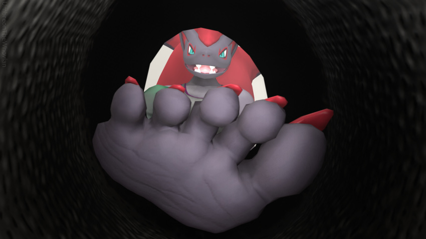 3d_(artwork) 5_toes anthro blue_eyes digital_media_(artwork) feet female first_person_view foot_focus fur grey_body hi_res humanoid_feet imminent_stomp inside_shoe insole looking_at_viewer low-angle_view nintendo pok&eacute;mon pok&eacute;mon_(species) red_body red_fur soles solo stomping_pov toes umbreonthewhovian video_games worm's-eye_view zoroark