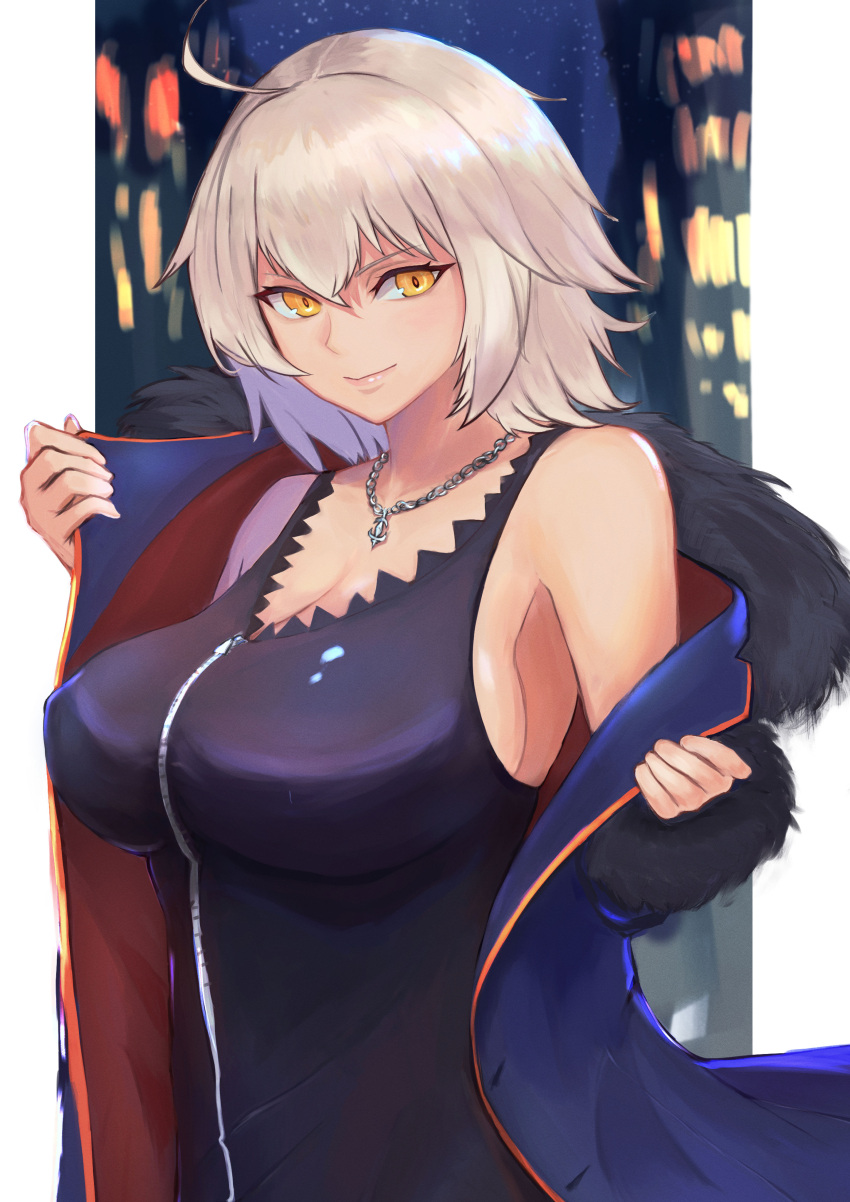 1girl absurdres ahoge azibiraki_yuhiro bangs bare_shoulders black_dress blue_coat breasts chain_necklace closed_mouth coat commentary dress fate/grand_order fate_(series) full-length_zipper fur-trimmed_coat fur_trim hair_between_eyes highres jeanne_d'arc_(alter)_(fate) jeanne_d'arc_(fate) jewelry large_breasts lips looking_at_viewer necklace official_alternate_costume pink_lips removing_coat short_hair sideboob silver_hair sleeveless sleeveless_dress smile solo wicked_dragon_witch_ver._shinjuku_1999 yellow_eyes zipper