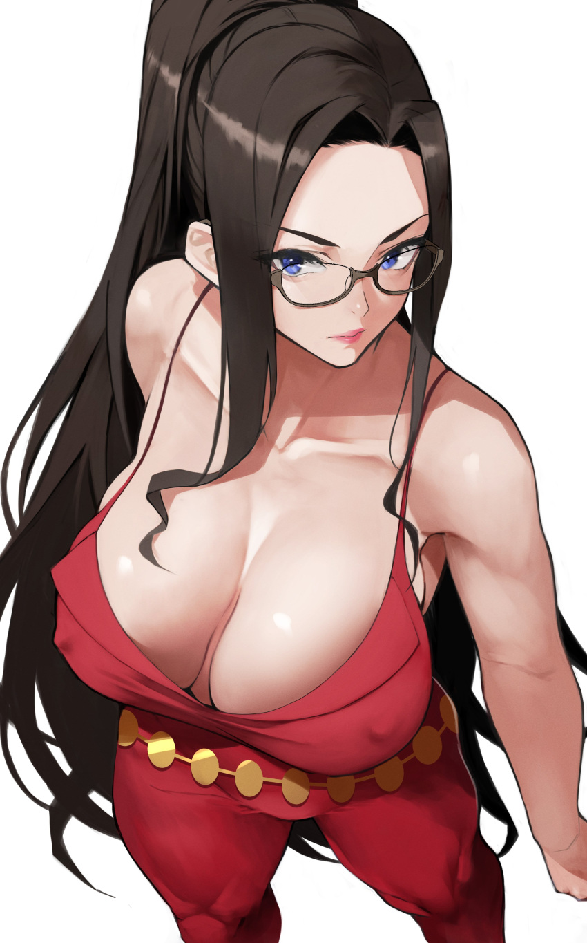 1girl absurdres bangs bare_shoulders blue_eyes breasts brown_hair cleavage collarbone covered_nipples dragonaut forehead glasses highres kitajima_yuuri large_breasts long_hair looking_at_viewer parted_bangs ponytail sidelocks solo thighs yoshio_(55level)