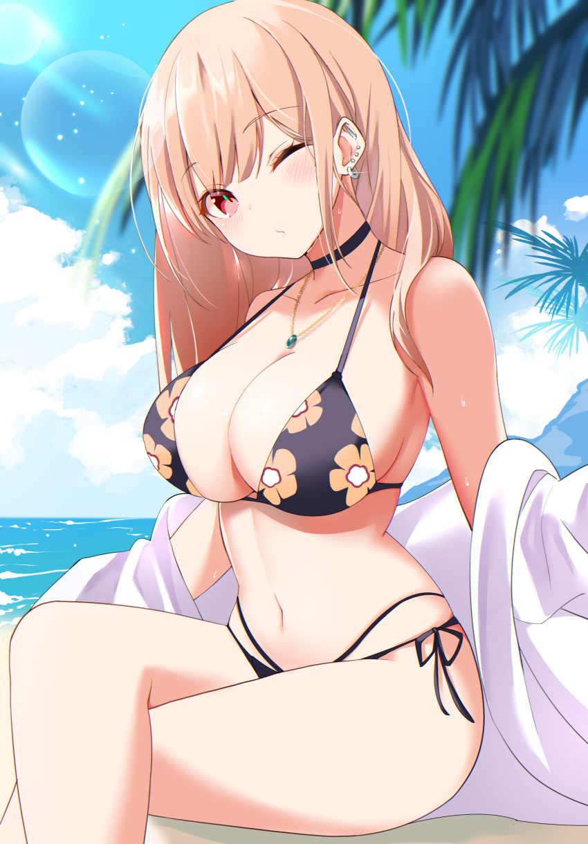 1girl absurdres bare_shoulders bikini black_bikini black_choker blonde_hair breasts choker cleavage collarbone crossed_legs day ear_piercing earrings floral_print glint halterneck highres jewelry kitagawa_marin large_breasts long_hair looking_at_viewer multi-strapped_bikini navel necklace off_shoulder one_eye_closed outdoors oywj piercing print_bikini red_eyes side-tie_bikini sitting solo sono_bisque_doll_wa_koi_wo_suru stomach strap_gap string_bikini sunlight swimsuit thighs