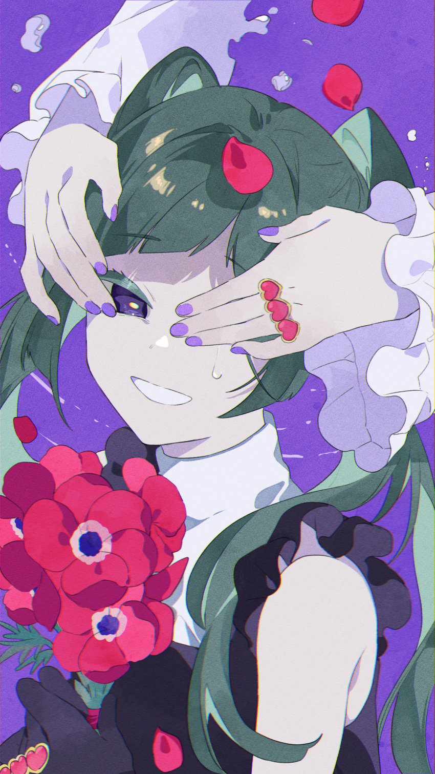 2girls :d absurdres aqua_hair bangs black_dress black_gloves bouquet colored_eyelashes commentary covering_another's_eyes diagonal_bangs dress flower flower_request gloves hatsune_miku heart highres holding holding_bouquet jewelry long_hair multiple_girls omutatsu parasite_(vocaloid) purple_background purple_eyes purple_nails red_flower ring sleeveless sleeveless_dress smile tears twintails upper_body vocaloid