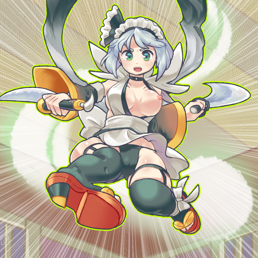 1girl armpits arms_up black_legwear black_panties breasts cameltoe choker cleavage commission commissioner_upload cosplay detached_sleeves eyebrows_visible_through_hair green_eyes grey_hair highres holding holding_sword holding_weapon iroha_(samurai_spirits) iroha_(samurai_spirits)_(cosplay) jumping kicking konpaku_youmu konpaku_youmu_(ghost) maid maid_headdress maid_leotard medium_breasts multiple_swords one_breast_out open_mouth panties pmx samurai_spirits short_hair silver_hair skeb_commission solo standing sword thighhighs touhou underwear wardrobe_malfunction weapon