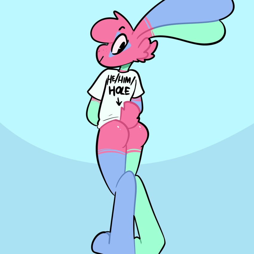 absurd_res anthro blue_background blue_body blue_fur bottomless bottomless_anthro bottomless_male butt clothed clothing crossed_legs fur green_body green_fur hi_res inviting lagomorph leporid looking_at_viewer looking_back looking_back_at_viewer male mammal meme meme_clothing pink_body pink_fur rabbit raised_tail shirt simple_background solo t-shirt the_xing1 topwear xing