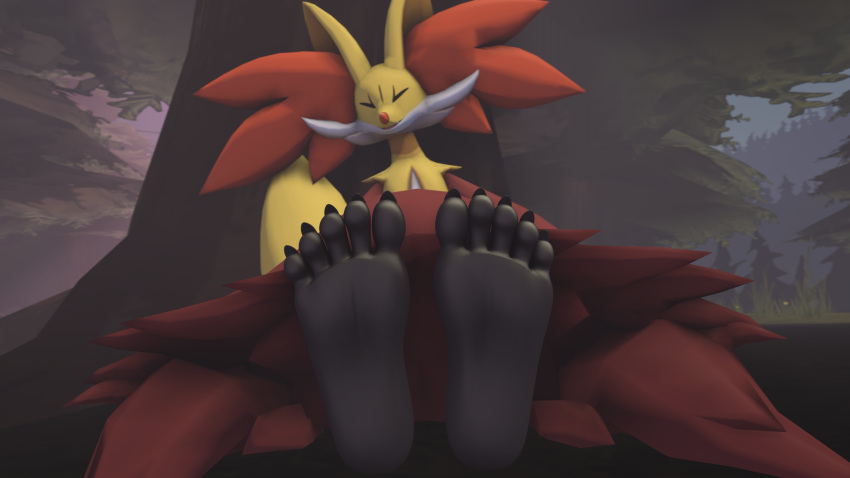 3d_(artwork) 5_toes anthro black_body delphox digital_media_(artwork) eyes_closed feet female foot_focus forest fur hi_res humanoid_feet low-angle_view nintendo orange_body orange_fur plant pok&eacute;mon pok&eacute;mon_(species) red_body red_fur relaxing resting sitting smile solo toes tree umbreonthewhovian video_games yellow_body yellow_fur